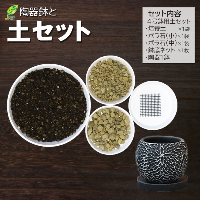 陶器と植え替え土セット（黒丸陶器鉢）｜郵便局のネットショップ
