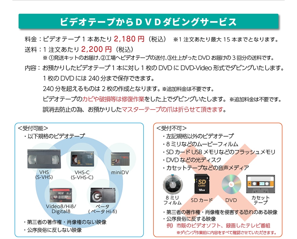 �r�f�I�e�[�v����DVD�_�r���O�T�[�r�X ����:�r�f�I�e�[�v1�{������2,180�~ (�ō�)��1����������ő�15�{�܂łƂȂ�܂��B����:1����������2,200�~(�ō�)��①�����L�b�g�̂��͂��A②�H��w�r�f�I�e�[�v�̑��t�A③�d�オ����DVD���͂���3�񕪂̑����ł��B���e:���a���肵���r�f�I�e�[�v1�{�ɑ΂�1����DVD��DVD-Video�`���Ń_�r���O�������܂��B1����DVD�ɂ�240���܂ŕۑ��ł��܂��B240���𒴂�����̂�2���̍쐬�ƂȂ�܂��B���ǉ������͕s�v�ł��B�r�f�I�e�[�v�̃J�r��j�����͏C����Ƃ�������Ń_�r���O�������܂��B���ǉ������͕s�v�ł��B������h�~�ׁ̈A���a���肵���}�X�^�[�e�[�v�̒܂͐܂点�Ē����܂��B<��t�\>�E�ȉ��K�i�̃r�f�I�e�[�v VHS(S-VHS)�AVHS-C(S-VHS-C)�AminiDV�AVideo8/Hi8/Digital8�A�x�[�^(�x�[�^ Hi-fi)�E��O�҂̒��쌠�E�ё����̂Ȃ��f���E�����Ǒ��ɔ����Ȃ��f���J�Z�b�g<��t�s��>�E���L���ȊO�̃r�f�I�e�[�v�E8�~���Ȃǂ̃��[�r�[�t�B�����ESD�J�[�h USB �������Ȃǂ̃t���b�V���������EDVD�Ȃǂ̌��f�B�X�N�E�J�Z�b�g�e�[�v�Ȃǂ̉������f�B�A�E��O�҂̒��쌠�E�ё�����N�Q���鋰��̂���f���E�����Ǒ��ɔ�����f�� ��)�s�̂̃r�f�I�\�t�g�A�^�悵���e���r�ԑg���_�r���O��ƑO�ɓ��e�����ׂĊm�F�����Ă��������܂��B