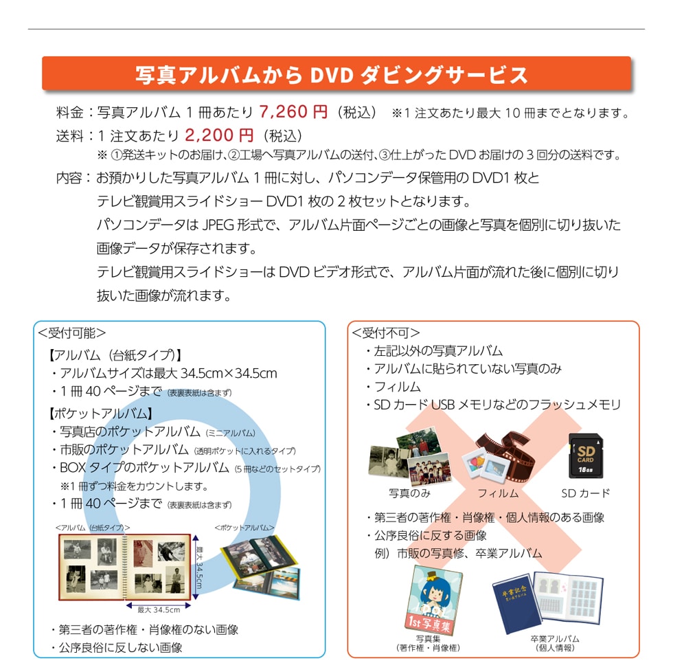 �ʐ^�A���o������ DVD�_�r���O�T�[�r�X ����:�ʐ^�A���o��1��������7,260�~(�ō�)1����������ő�10���܂łƂȂ�܂��B����:1���������� 2,200�~ (�ō�)��①�����L�b�g�̂��͂��A②�H��֎ʐ^�A���o���̑��t�A ③�d�オ���� DVD ���͂���3�񕪂̑����ł��B ���e:���a���肵���ʐ^�A���o��1���ɑ΂��A�p�\�R���f�[�^�ۊǗp�� DVD1���ƃe���r�Ϗܗp�X���C�h�V���[ DVD1����2���Z�b�g�ƂȂ�܂��B�p�\�R���f�[�^�� JPEG�`���ŁA�A���o���Жʃy�[�W���Ƃ̉摜�Ǝʐ^���ʂɐ؂蔲�����摜�f�[�^���ۑ�����܂��B�e���r�Ϗܗp�X���C�h�V���[�� DVD �r�f�I�`���ŁA�A���o���Жʂ����ꂽ��Ɍʂɐ؂蔲�����摜������܂��B<��t�\>�y�A���o�� (�䎆�^�C�v)�z�E�A���o���T�C�Y�͍ő�34.5cm�~34.5cm�E1��40�y�[�W�܂� (�\���\���͊܂܂�)�y�|�P�b�g�A���o���z�E�ʐ^�X�̃|�P�b�g�A���o�� (�~�j�A���o��).�s�̂̃|�P�b�g�A���o�� (�����|�P�b�g�ɓ����^�C�v)�EBOX�^�C�v�̃|�P�b�g�A���o�� (5���Ȃǂ̃Z�b�g�^�C�v)��1�����������J�E���g���܂��B�E1��40�y�[�W�܂� (�\���\���͊܂܂�)�E��O�҂̒��쌠�E�ё����̂Ȃ��摜�ɔ����Ȃ��摜�E�����Ǒ��ɔ�����摜 <��t�s��>�E���L�ȊO�̎ʐ^�A���o���E�A���o���ɓ\���Ă��Ȃ��ʐ^�̂݁E�t�B�����ESD�J�[�h USB �������Ȃǂ̃t���b�V���������E��O�҂̒��쌠�E�ё����̂Ȃ��摜�ɔ����Ȃ��摜�E�����Ǒ��ɔ�����摜