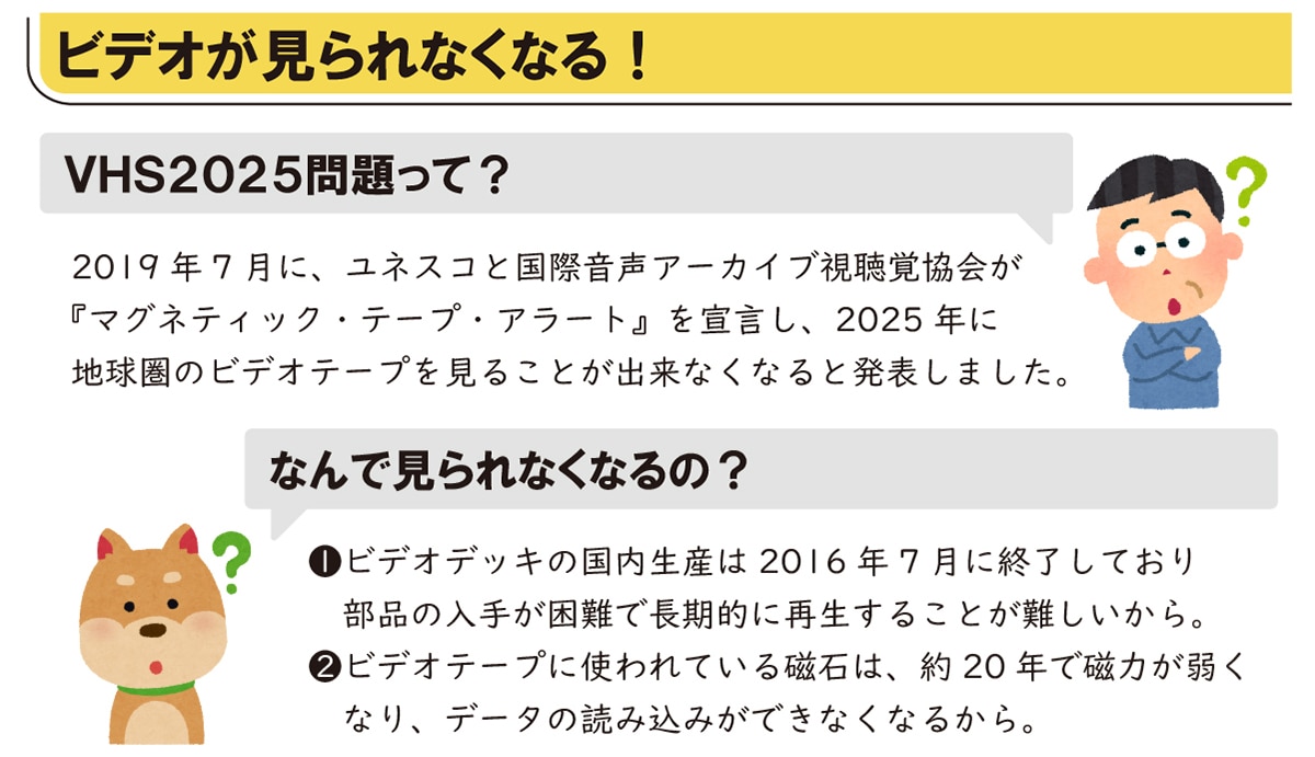 rfIȂȂ! VHS2025? 2019N7ɁAlXRƍۉA[JCuow}OleBbNEe[vEA[gx錾A2025NɒñrfIe[v邱ƂoȂȂƔ\܂B ȂŌȂȂ?1.rfIfbL̍Y2016N7ɏIĂ蕔i̓肪ŒIɍĐ邱ƂB 2.rfIe[vɎgĂ鎥΂́A20NŎ͂キȂAf[^̓ǂݍ݂łȂȂ邩B