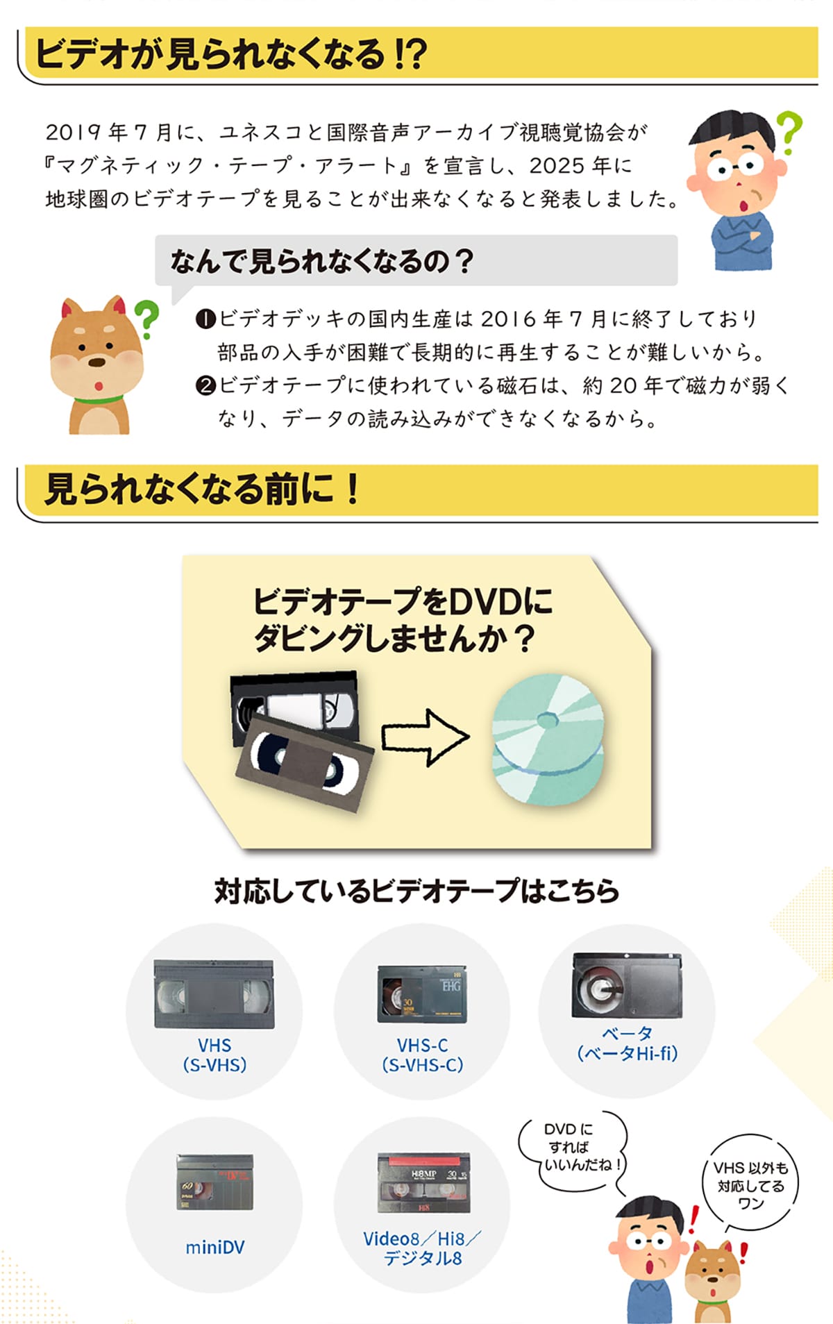 �r�f�I�������Ȃ��Ȃ�!  2019�N7���ɁA���l�X�R�ƍ��ۉ����A�[�J�C�u�����o����w�}�O�l�e�B�b�N�E�e�[�v�E�A���[�g�x��錾���A2025�N�ɒn�����̃r�f�I�e�[�v�����邱�Ƃ��o���Ȃ��Ȃ�Ɣ��\���܂����B �Ȃ�Ō����Ȃ��Ȃ��?1.�r�f�I�f�b�L�̍������Y��2016�N7���ɏI�����Ă��蕔�i�̓��肪����Œ����I�ɍĐ����邱�Ƃ��������B 2.�r�f�I�e�[�v�Ɏg���Ă��鎥�΂́A��20�N�Ŏ��͂��キ�Ȃ�A�f�[�^�̓ǂݍ��݂��ł��Ȃ��Ȃ邩��B�����Ȃ��Ȃ�O��! �r�f�I�e�[�v��DVD�Ƀ_�r���O���܂���? �Ή����Ă���r�f�I�e�[�v�͂����� VHS(S-VHS) VHS-C(S-VHS-C) �x�[�^(�x�[�^ Hi-fi) miniDV Video8/Hi8/�f�W�^��8 DVD�ɂ���΂����񂾂�! VHS �ȊO���Ή����Ă郏��