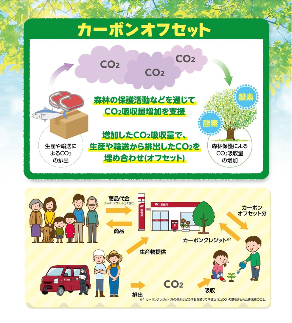 カーボンオフセット　森林の保護活動などを通じてCO2吸収量増加を支援