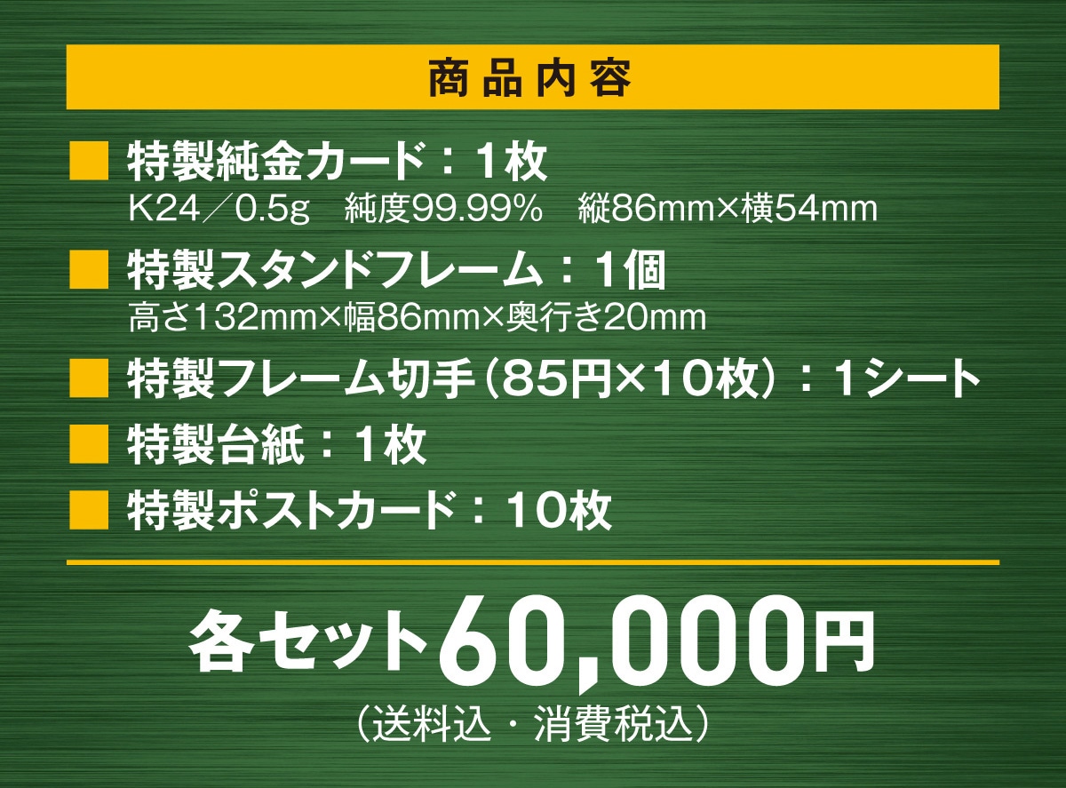 ���i���e ���������J�[�h:1�� K24/0.5g ���x99.99% �c86mm�~��54mm �����X�^���h�t���[��:1�� ����132mm�~��86mm�~���s��20mm �����t���[���؎� (85�~�~10��): 1�V�[�g �����䎆:1�� �����|�X�g�J�[�h:10�� �e�Z�b�g 60,000�~(�������E����ō�)