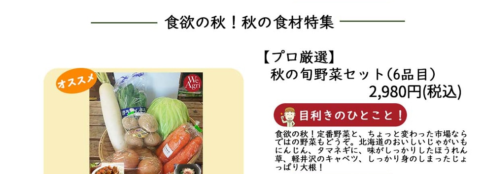 食欲の秋！秋の食材特集,【プロ厳選】秋の旬野菜セット（6品目） 2,980円（税込）