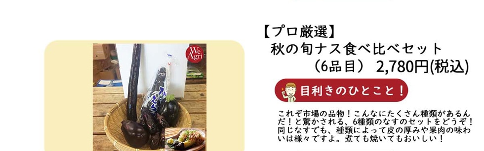 【プロ厳選】秋の旬ナス食べ比べセット（6品目） 2,780円（税込）