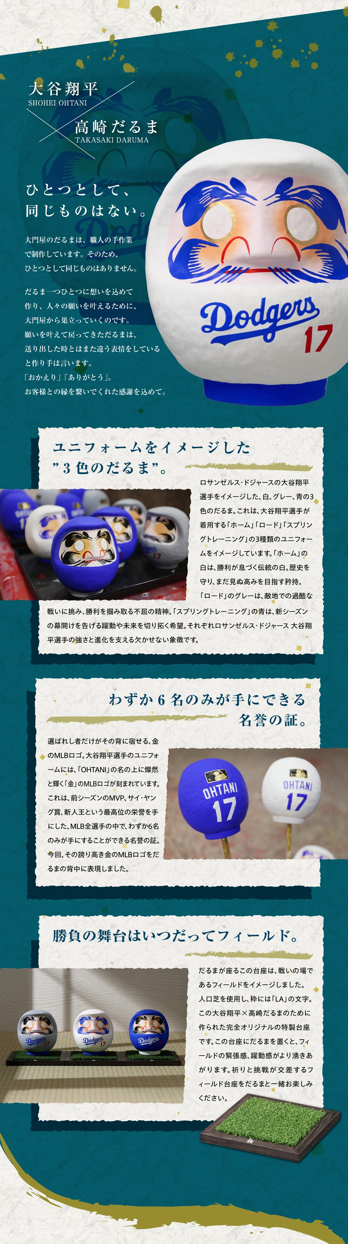 �ЂƂƂ��āA�������̂͂Ȃ��B��剮�̂���܂́A�E�l�̎��ƂŐ��삵�Ă��܂��B ���̂��߂ЂƂƂ��ē������̂͂���܂���B����܈�ЂƂɑz�������߂č��A�l�X�̊肢�������邽�߂ɁA��剮���瑃�����Ă����̂ł��B�肢�������Ė߂��Ă�������܂́A����o�������Ƃ͂܂��Ⴄ�\������Ă���ƍ���͌����܂��B�u��������v�u���肪�Ƃ��v�B���q�l�Ƃ̉����q���ł��ꂽ���ӂ����߂āB���j�t�H�[�����C���[�W����3�F�̂���܁B���T���[���X�E�h�W���[�X�̑�J�ĕ� �I����C���[�W�����A���A�O���[�A��3 �F�̂���܁B����́A��J�ĕ��I�肪 ���p����u�z�[���v �u���[�h�v �u�X�v���� �O�g���[�j���O�v ��3��ނ̃��j�t�H�[ �����C���[�W���Ă��܂��B �u�z�[���v�� ���́A���������Â��`���̔��B ���j�����A�܂����ʍ��݂�ڎw�������B�u���[�h�v�̃O���[�́A�G�n�ł̉ߍ��Ȑ킢�ɒ��݁A������͂ݎ��s���̐��_�B �u�X�v�����O�g���[�j���O�v�̐́A�V�V�[�Y�� �̖��J��������������▢����؂�񂭊�]�B ���ꂼ�ꃍ�T���[���X�E�h�W���[�X��J�� ���I��̋����Ɛi�����x���錇�����Ȃ��ے��ł��B�킸��6���݂̂���ɂł��閼�_�̏؁B�I�΂ꂵ�҂��������̔w�ɏh����A����MLB���S�B ��J�ĕ��I��̃��j�t�H�[���ɂ́A�uOHTANI�v�̖��̏�ɎW�R�u�ƋP���u���v��MLB���S�����܂�Ă��܂��B����́A�O�V�[�Y����MVP�A�T�C�E�����O�܁A�V�l���Ƃ����ō��ʂ̉h�_���� �ɂ����AMLB�S�I��̒��ŁA�킸��6���݂̂���ɂ��邱�Ƃ��ł��閼�_�̏؁B����A���̌ւ荂������MLB���S������܂̔w���ɕ\�����܂����B�����̕���͂������ăt�B�[���h�B����܂����邱�̑���́A �킢�̏�ł���t�B�[���h���C���[�W���܂����B�l���ł��g�p���A�g�ɂ� �uLA�v�̕����B���̑�J�ĕ��~ ���肾��܂̂��߂� ���ꂽ���S�I���W�i���̓������ �ł��B ���̑���ɂ���܂�u���ƁA�t�B�[���h�ْ̋����A�����������N��������܂��B�F��ƒ��킪��������t�B�[���h���������܂ƈꏏ���y���݂��������B