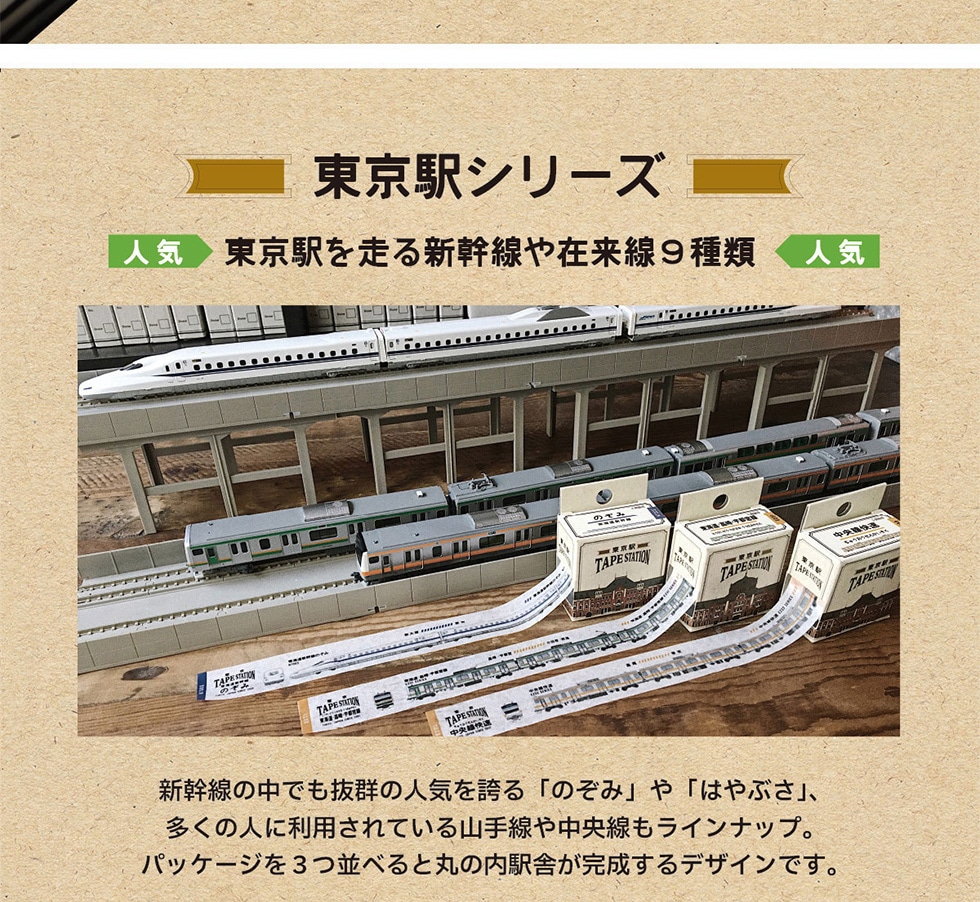 東京駅シリーズ 人気 東京駅を走る新幹線や在来線9種類 新幹線の中でも抜群の人気を誇る「のぞみ」や「はやぶさ」、多くの人に利用されている山手線や中央線もラインナップ。パッケージを3つ並べると丸の内駅舎が完成するデザインです。